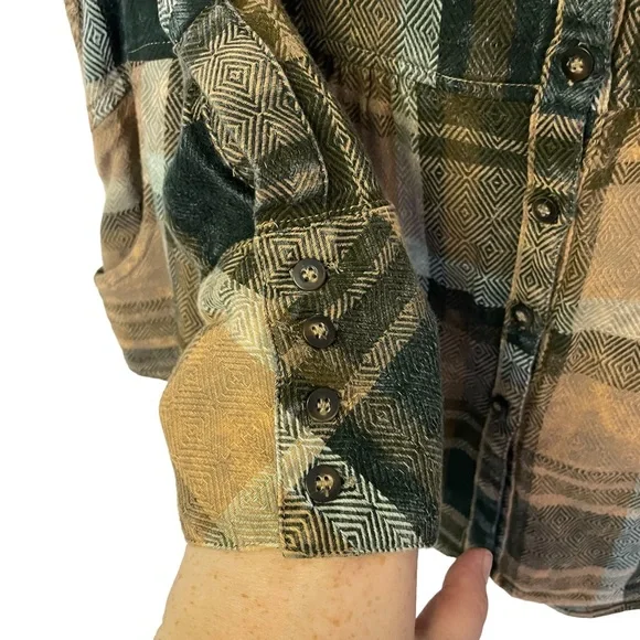Free People Brown Plaid Flannel Button Up Pockets Long Blouse XS - Picture 6 of 6